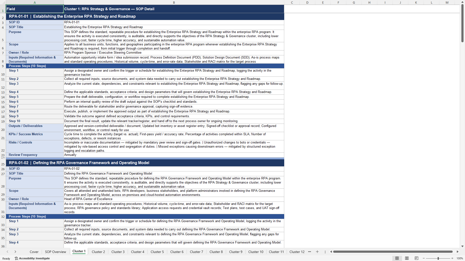 100+ Robotic Process Automation (RPA) SOPs (Excel template (XLSX)) Preview Image