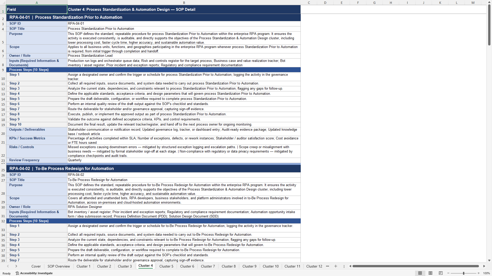 100+ Robotic Process Automation (RPA) SOPs (Excel template (XLSX)) Preview Image