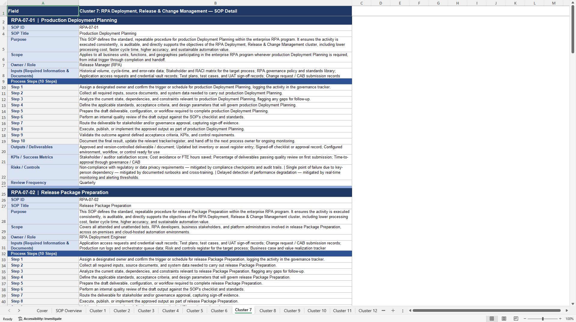 100+ Robotic Process Automation (RPA) SOPs (Excel template (XLSX)) Preview Image