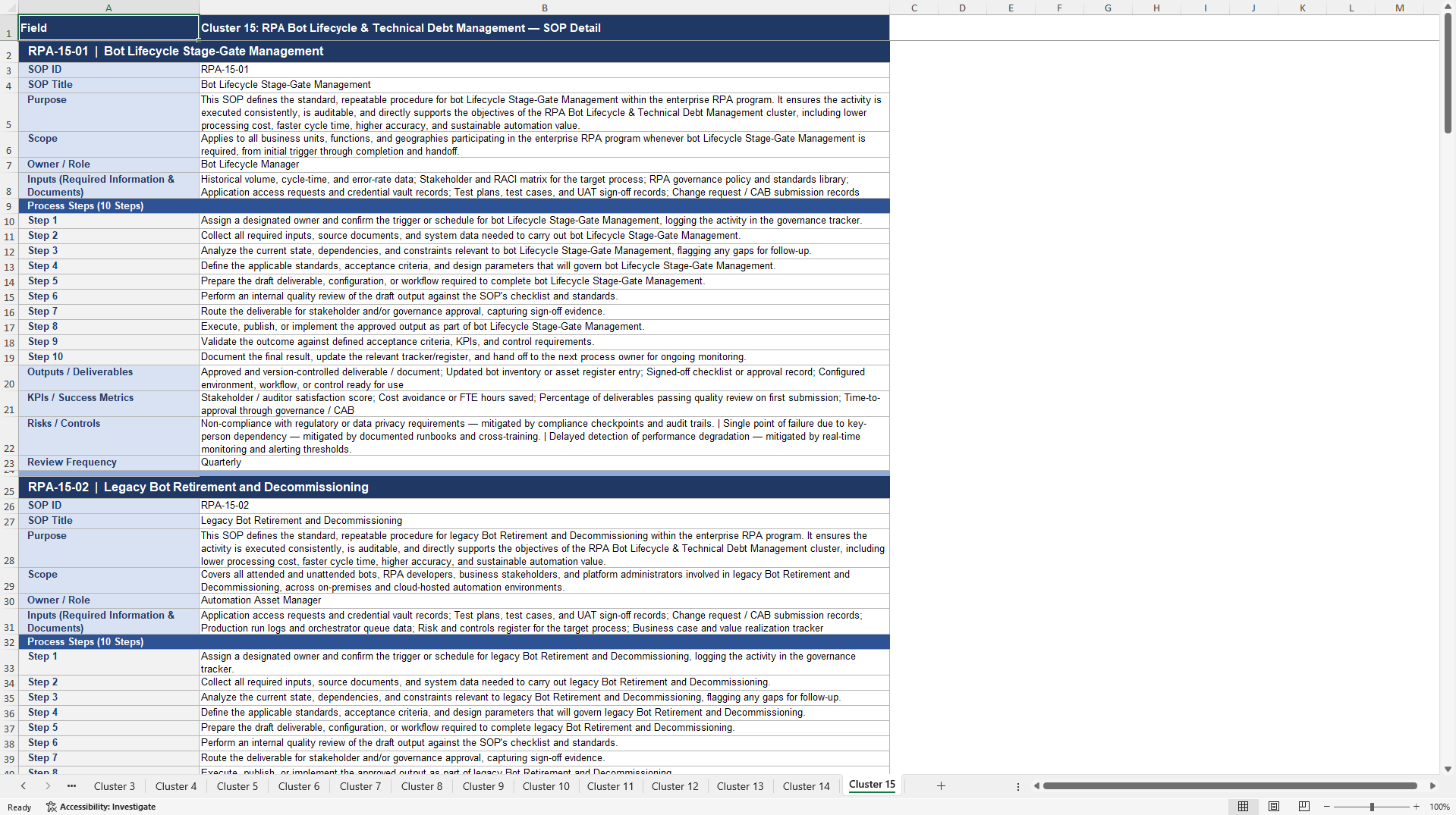 100+ Robotic Process Automation (RPA) SOPs (Excel template (XLSX)) Preview Image