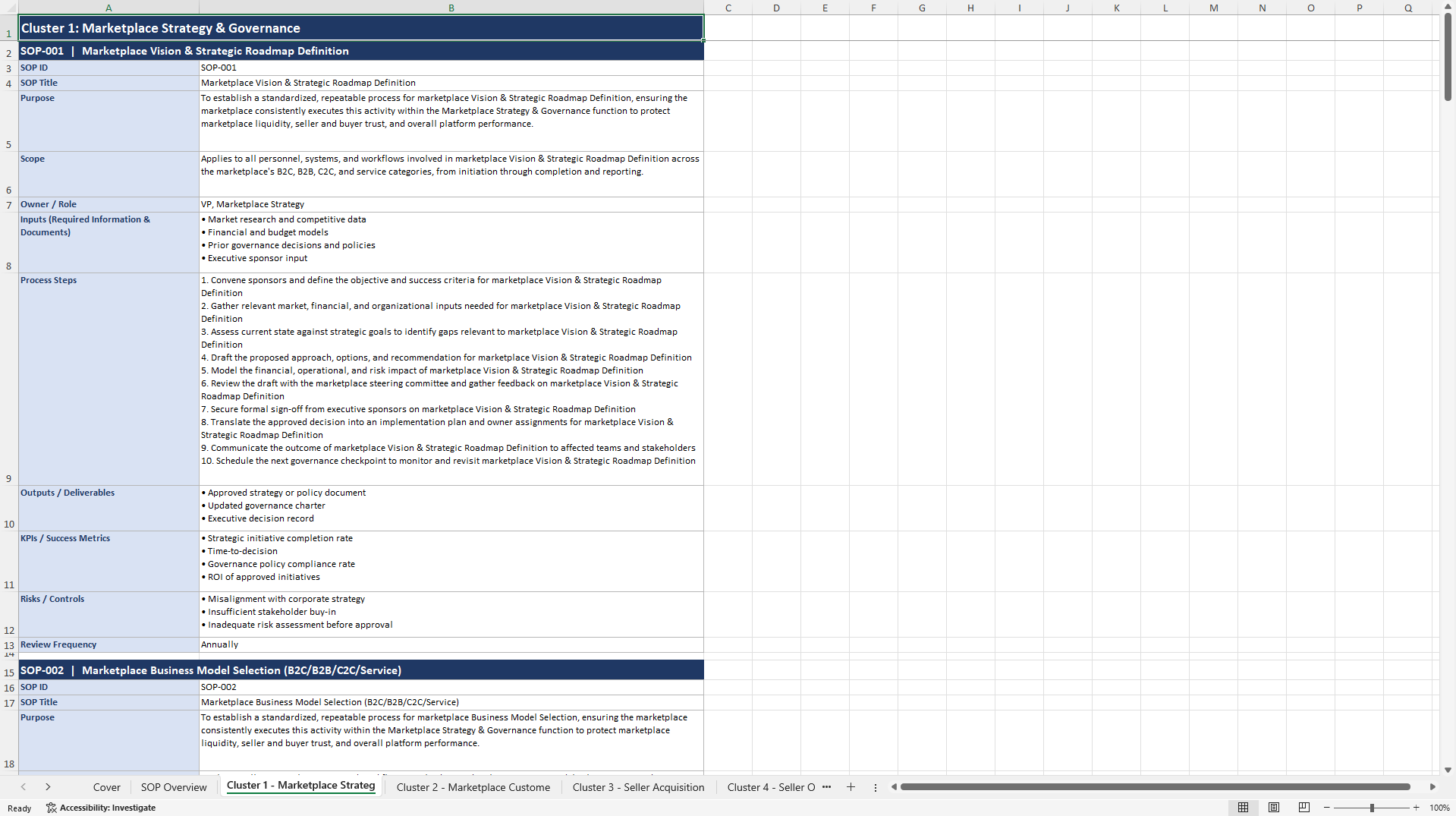 100+ Marketplace Management SOPs (Excel template (XLSX)) Preview Image