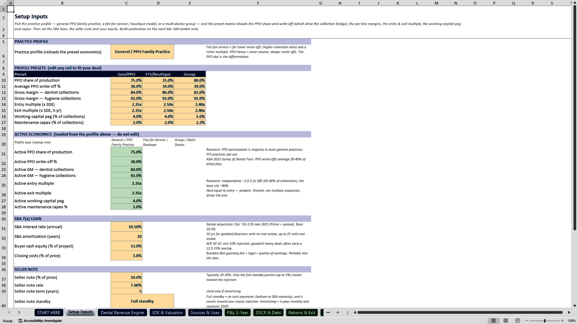 Dental Practice Acquisition and SBA Underwriting Model (Excel template (XLSX)) Preview Image