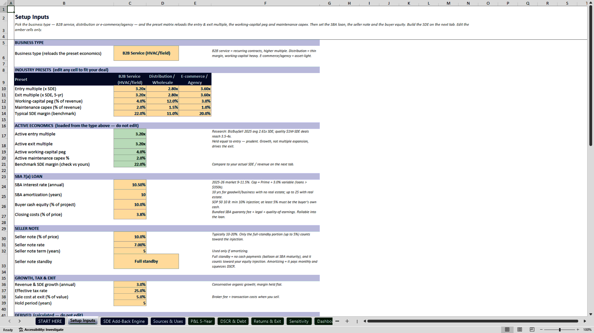 Small Business Acquisition (ETA) Underwriting Model (Excel template (XLSX)) Preview Image