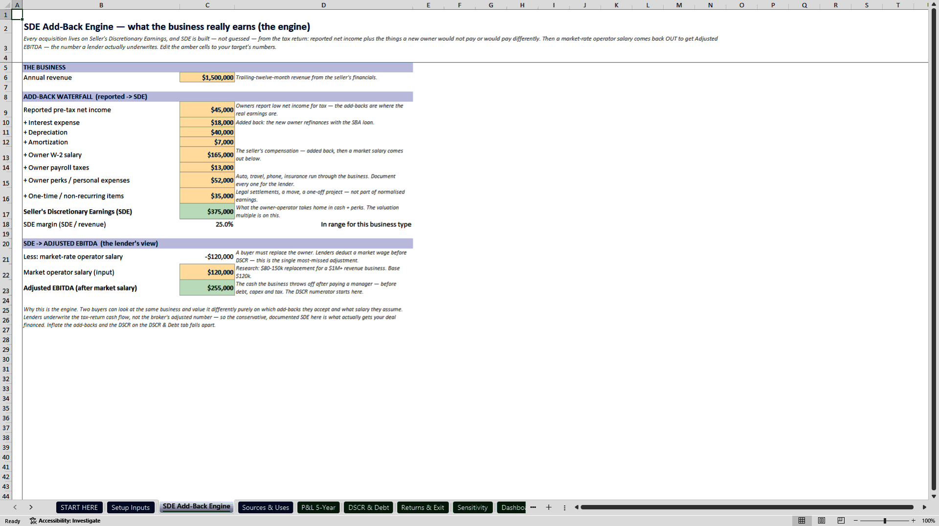 Small Business Acquisition (ETA) Underwriting Model (Excel template (XLSX)) Preview Image