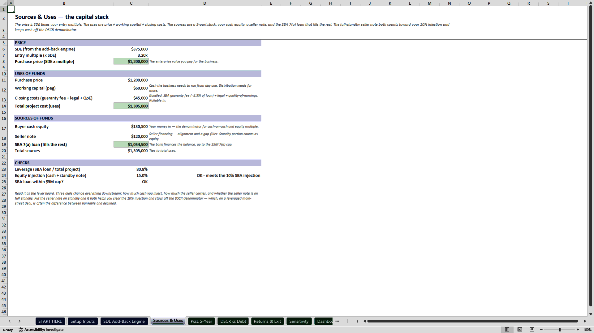 Small Business Acquisition (ETA) Underwriting Model (Excel template (XLSX)) Preview Image