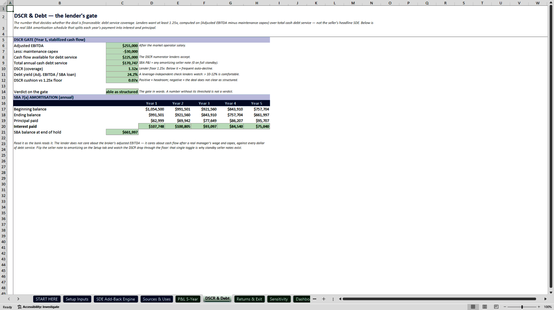 Small Business Acquisition (ETA) Underwriting Model (Excel template (XLSX)) Preview Image