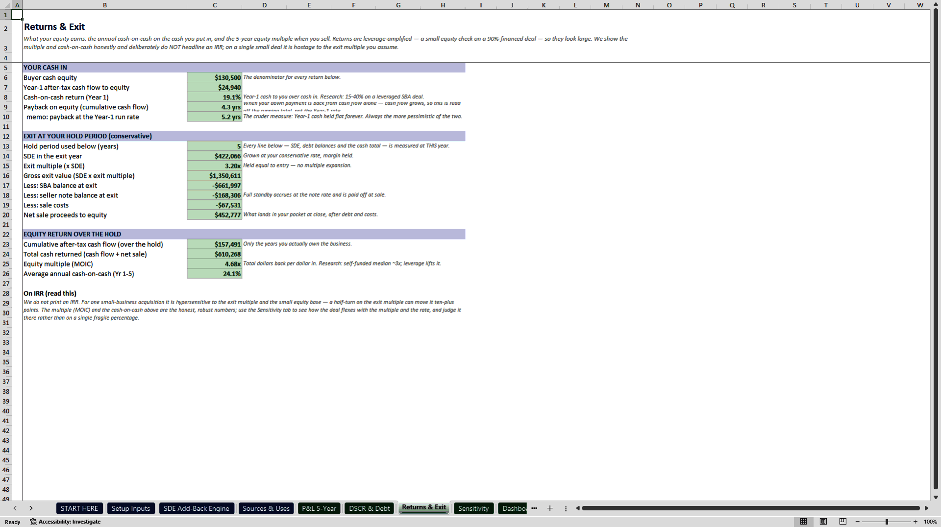 Small Business Acquisition (ETA) Underwriting Model (Excel template (XLSX)) Preview Image