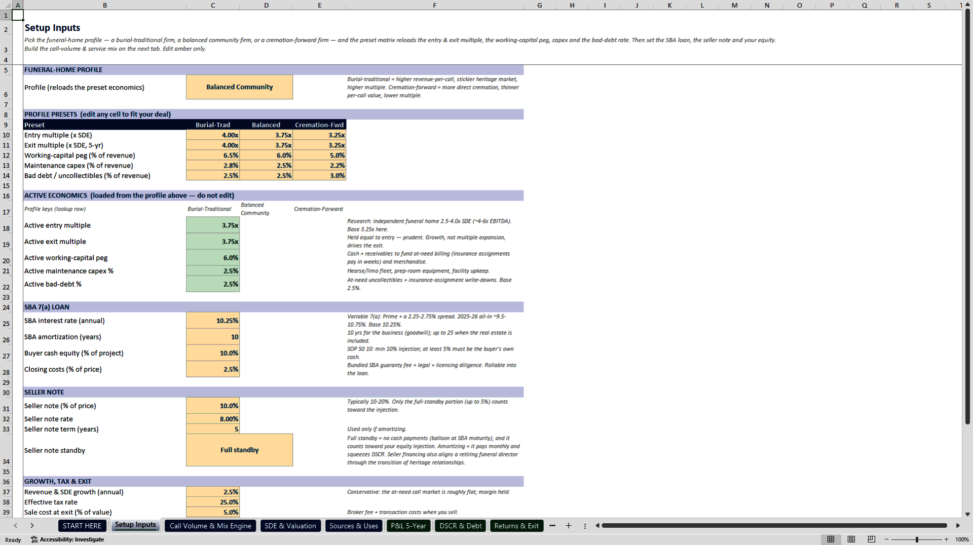 Funeral Home Acquisition and SBA Underwriting Model (Excel template (XLSX)) Preview Image
