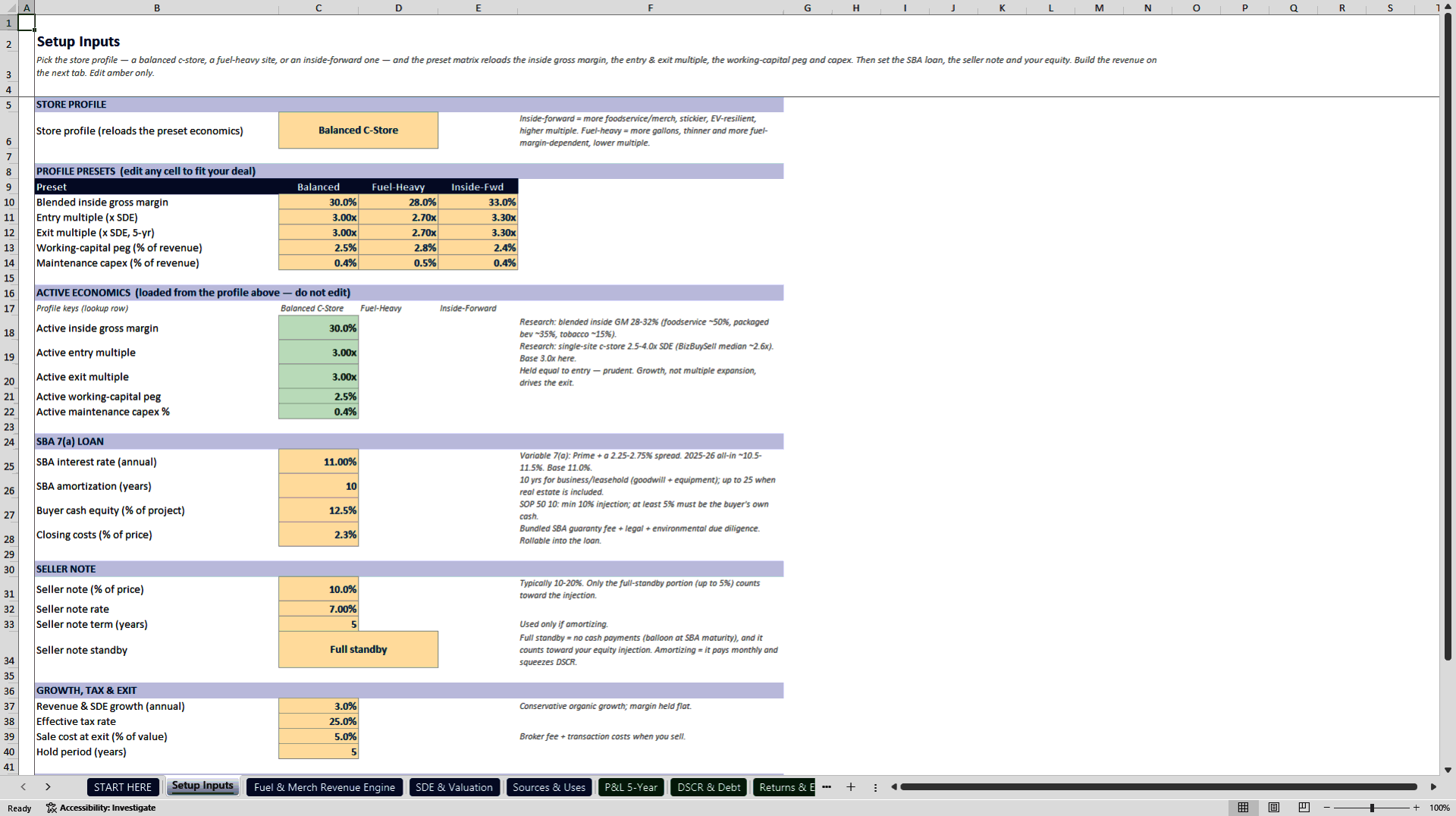 Gas Station & C-Store Acquisition Underwriting Model (Excel template (XLSX)) Preview Image