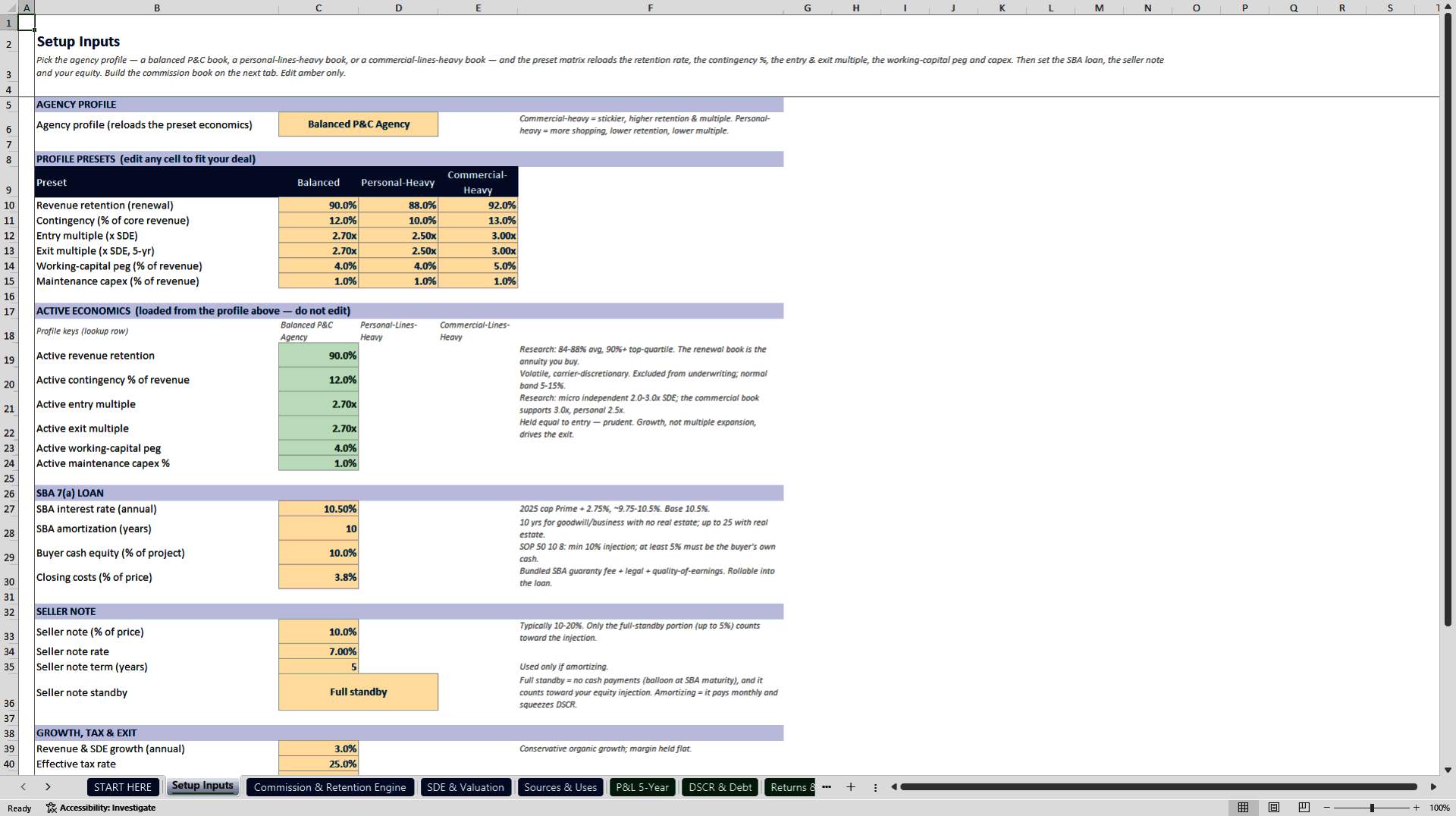 Insurance Agency Acquisition and SBA Underwriting Model (Excel template (XLSX)) Preview Image