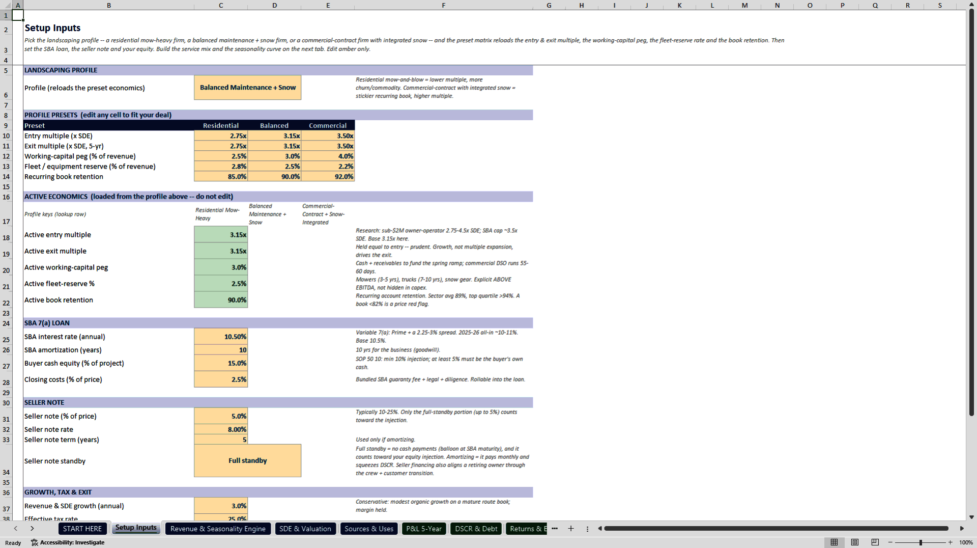 Landscaping & Snow Removal Acquisition Underwriting Model (Excel template (XLSX)) Preview Image