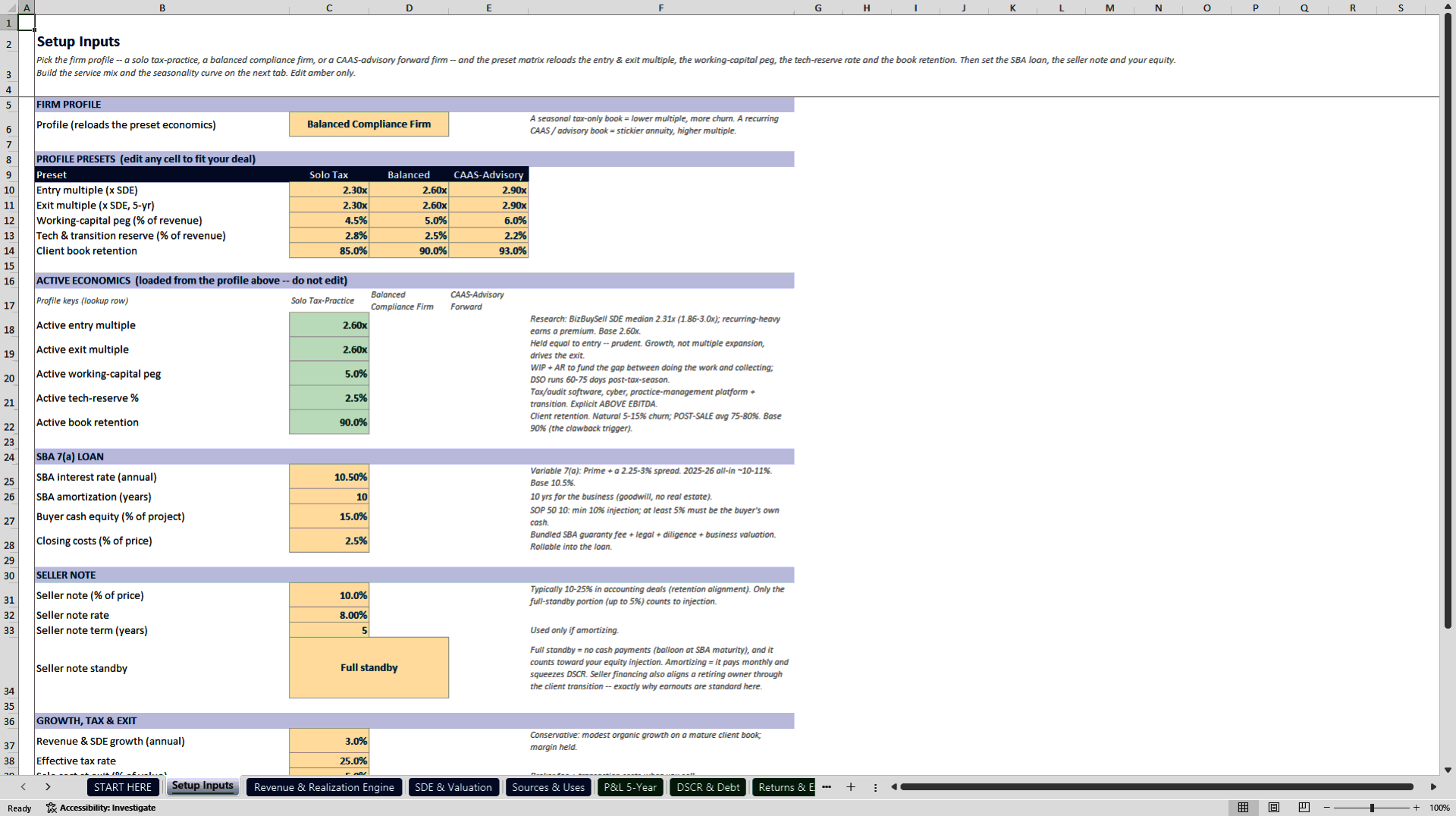 Accounting Firm Acquisition and SBA Underwriting Model (Excel template (XLSX)) Preview Image