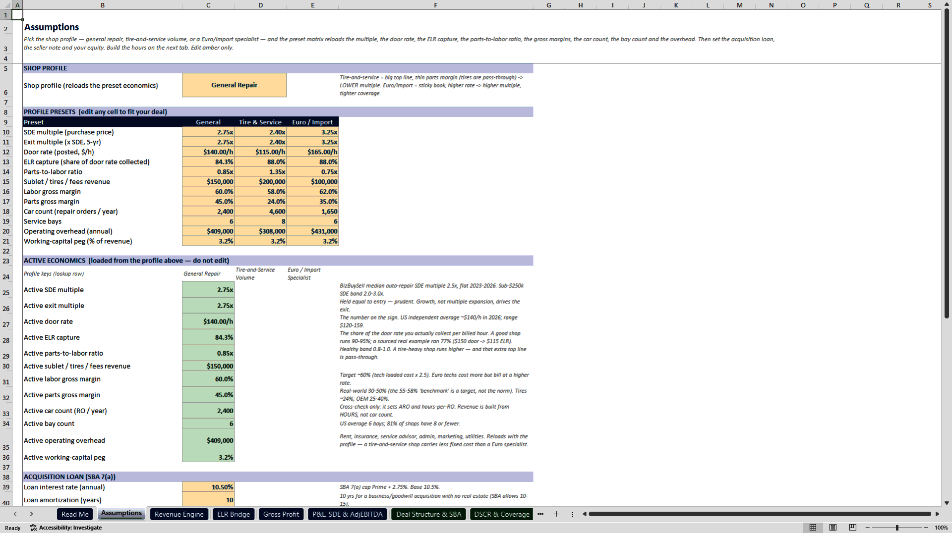 Auto Repair Shop Acquisition and SBA Underwriting Model (Excel template (XLSX)) Preview Image