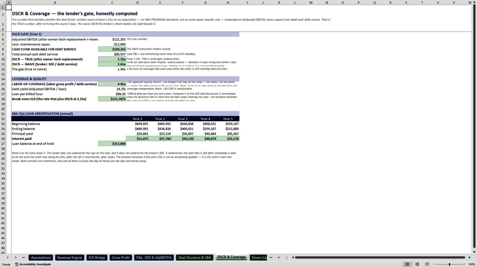Auto Repair Shop Acquisition and SBA Underwriting Model (Excel template (XLSX)) Preview Image