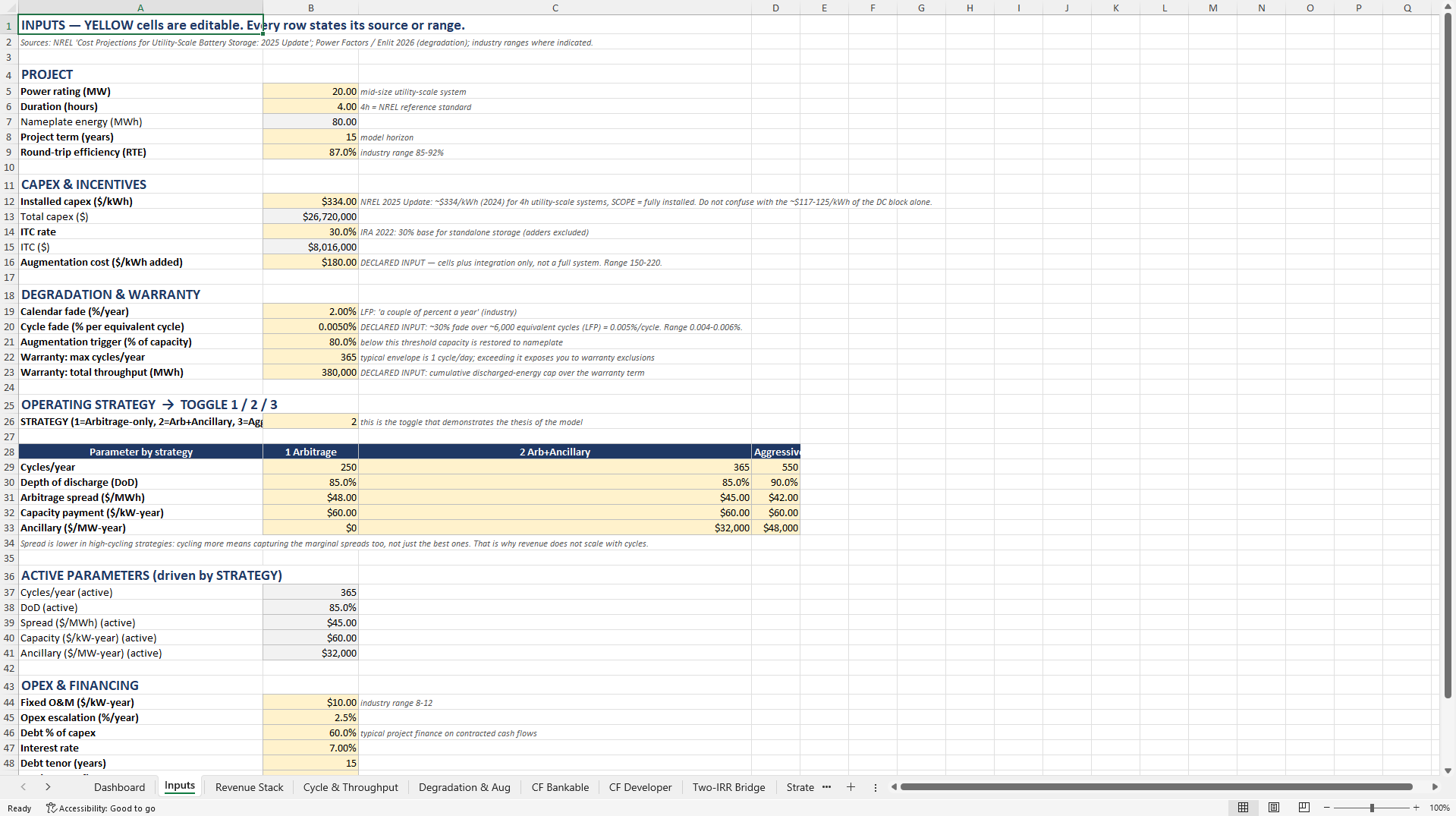 Battery Storage (BESS) Model: Two-IRR Degradation Bridge (Excel template (XLSX)) Preview Image
