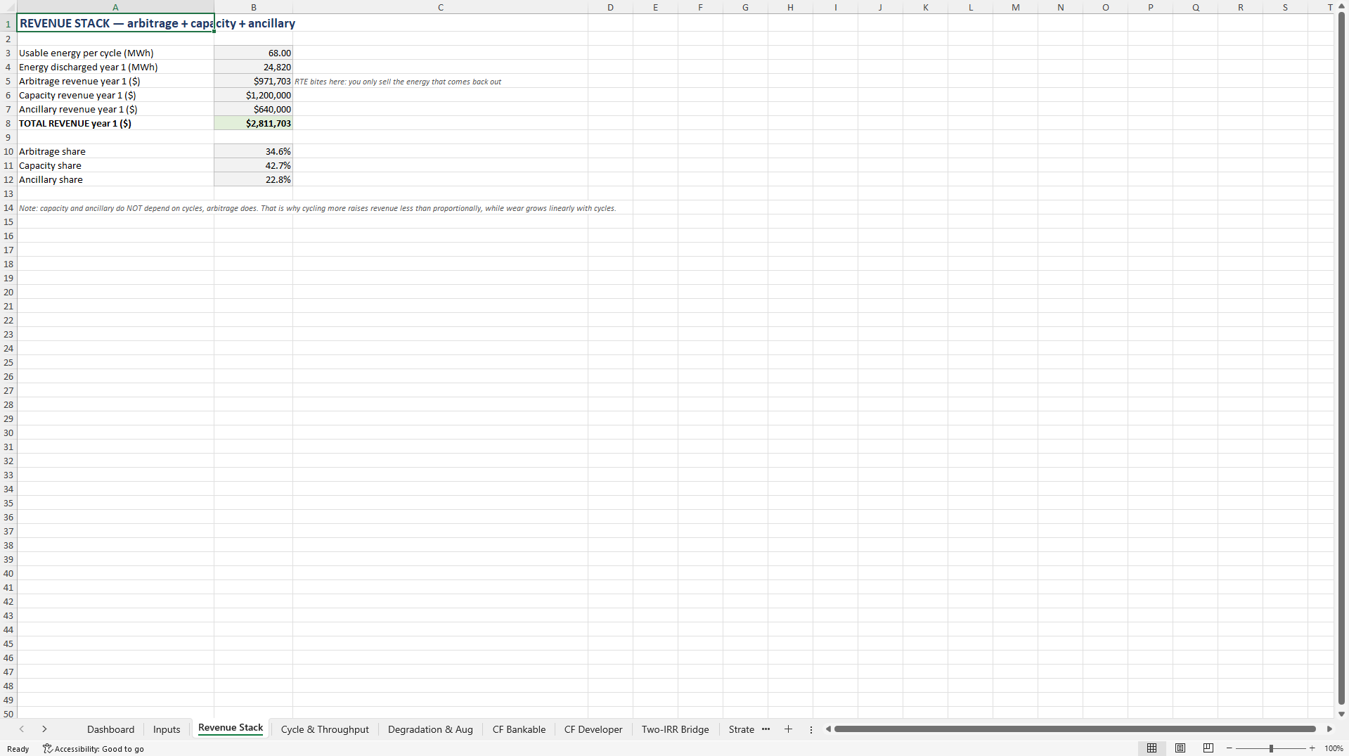 Battery Storage (BESS) Model: Two-IRR Degradation Bridge (Excel template (XLSX)) Preview Image