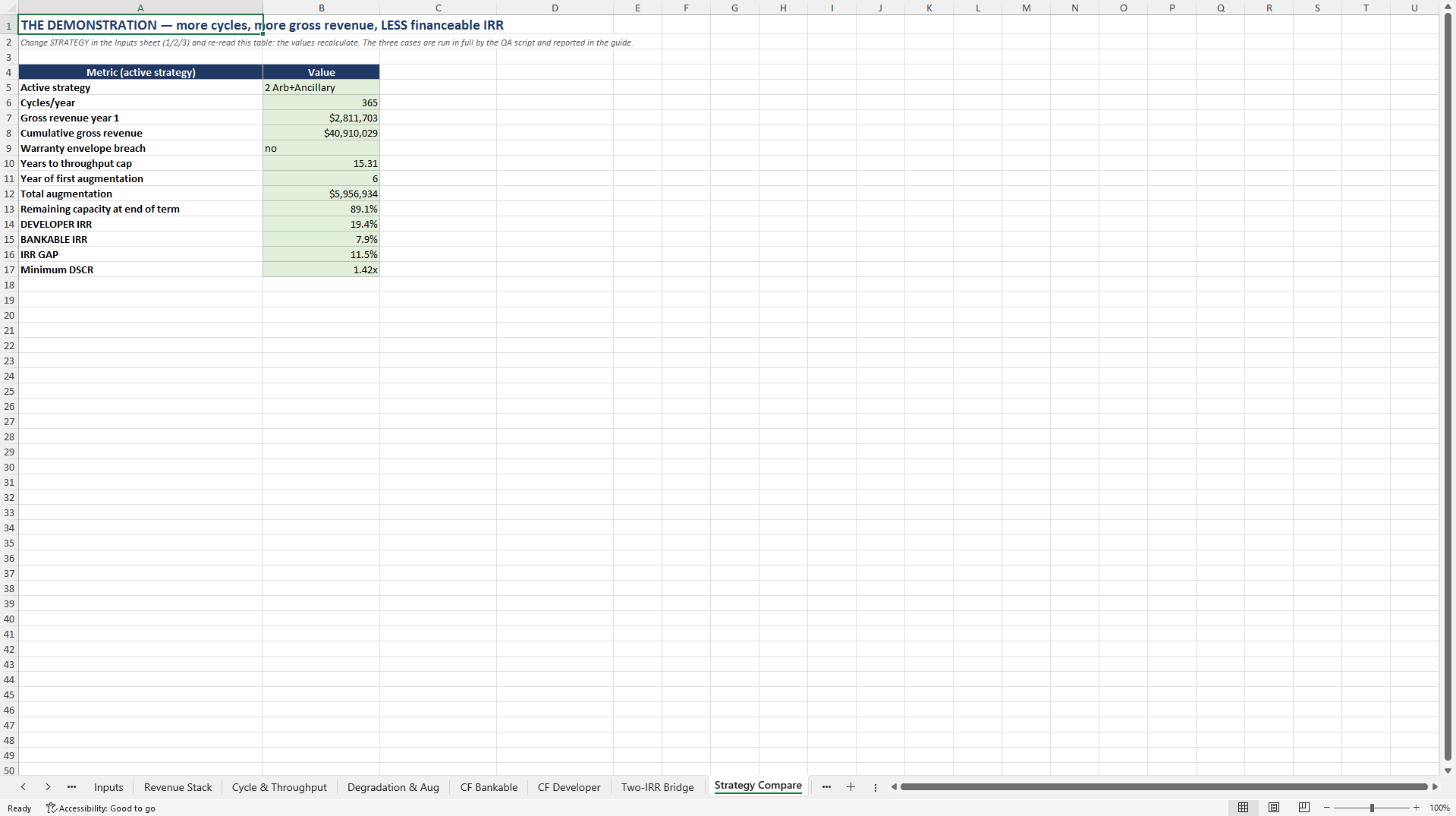 Battery Storage (BESS) Model: Two-IRR Degradation Bridge (Excel template (XLSX)) Preview Image