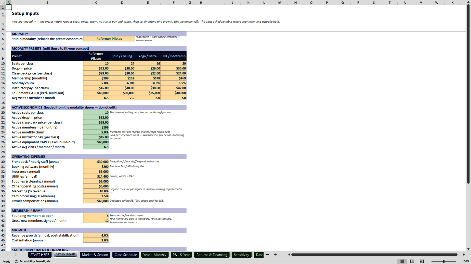 Boutique Fitness Studio Model: Class Throughput Engine (Excel template (XLSX)) Preview Image
