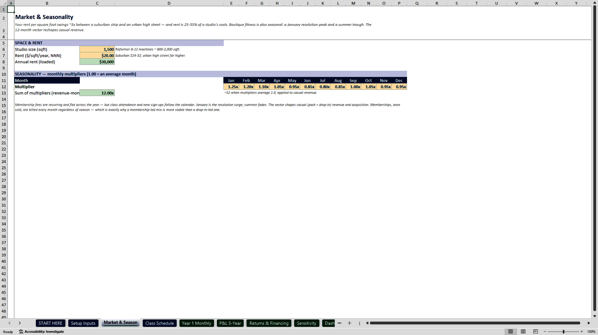 Boutique Fitness Studio Model: Class Throughput Engine (Excel template (XLSX)) Preview Image