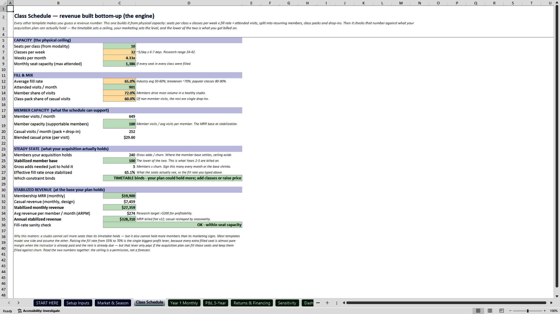 Boutique Fitness Studio Model: Class Throughput Engine (Excel template (XLSX)) Preview Image