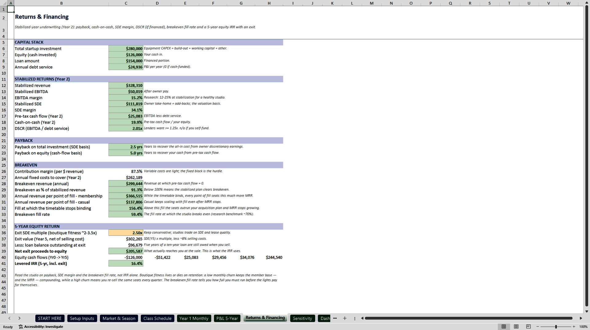 Boutique Fitness Studio Model: Class Throughput Engine (Excel template (XLSX)) Preview Image