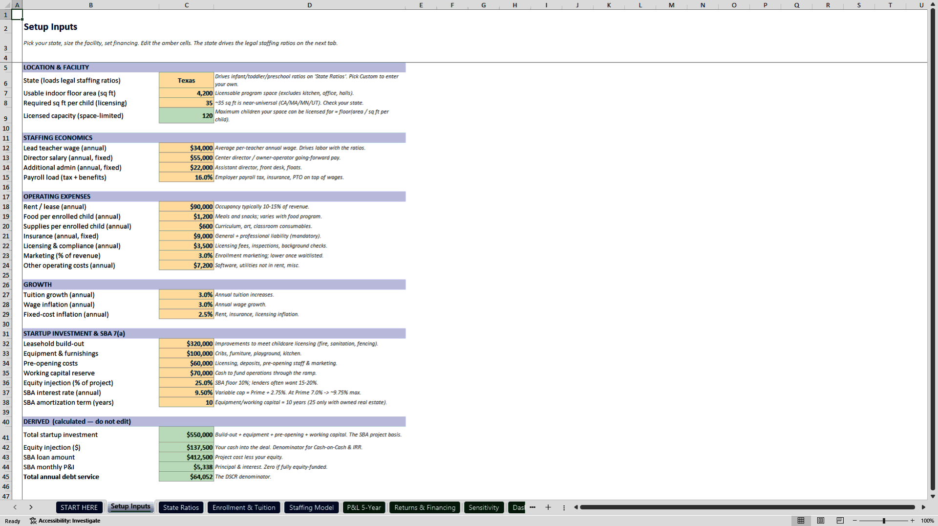 Daycare Center Model: State Ratio Staffing and SBA DSCR (Excel template (XLSX)) Preview Image