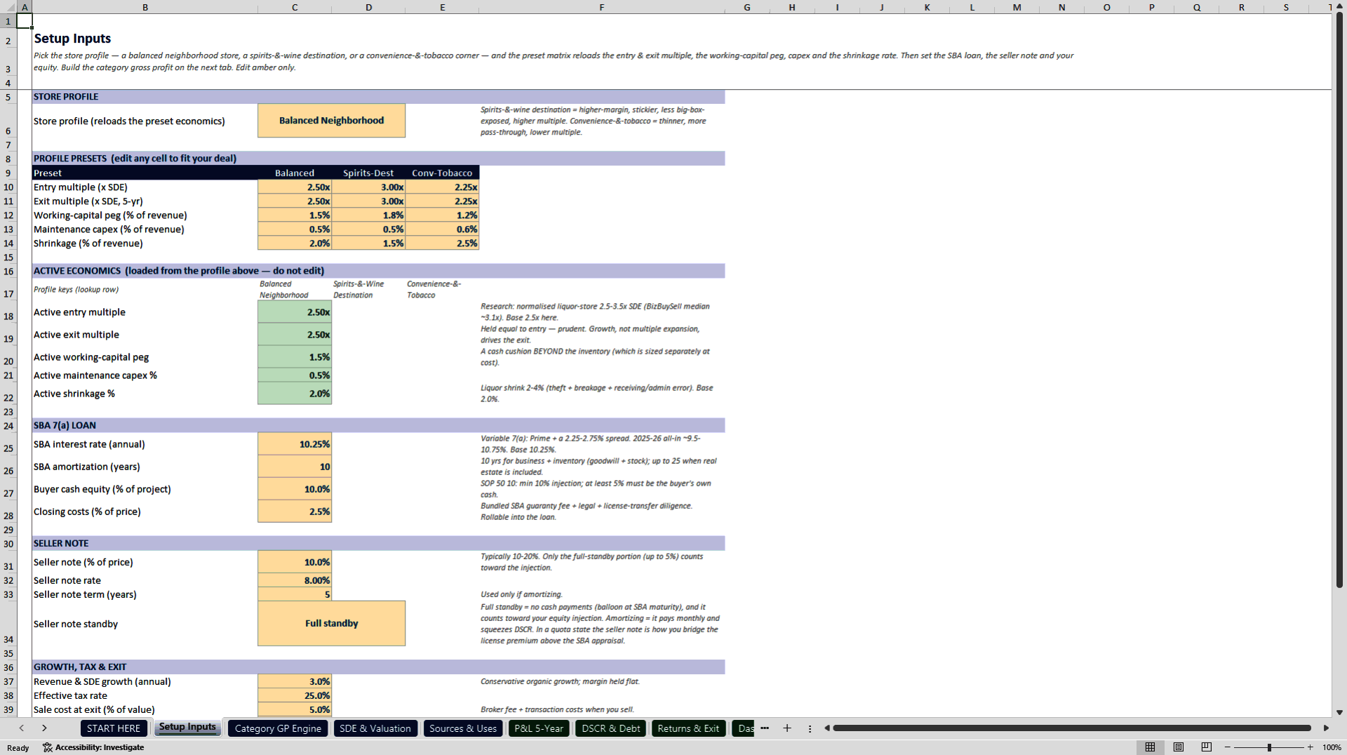 Liquor Store Acquisition and SBA Underwriting Model (Excel template (XLSX)) Preview Image