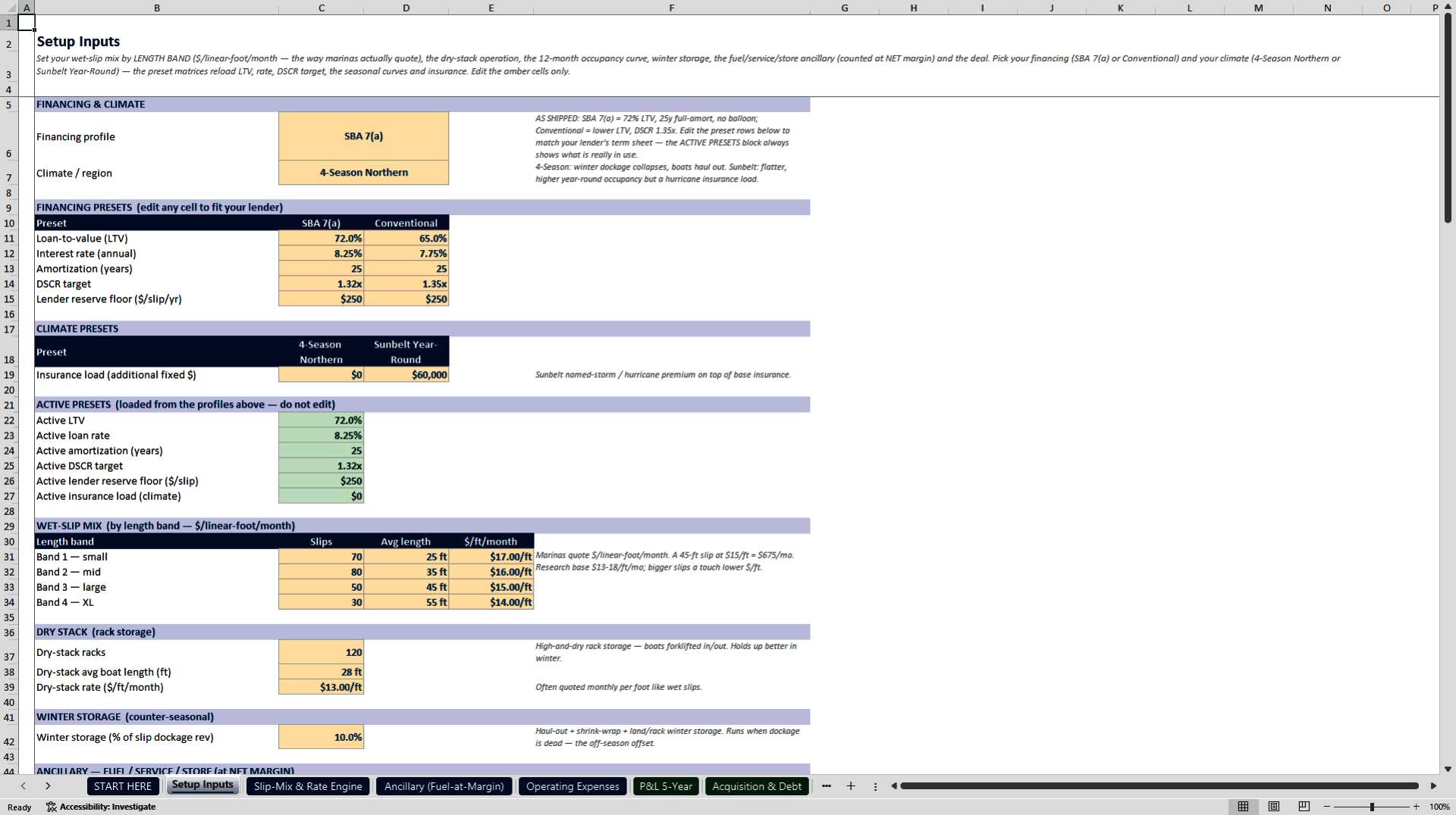 Marina and Boat Storage Acquisition Underwriting Model (Excel template (XLSX)) Preview Image