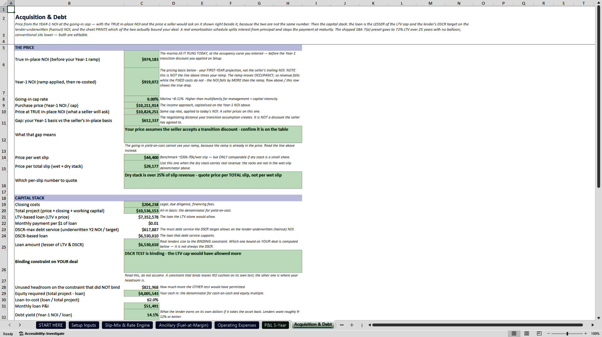 Marina and Boat Storage Acquisition Underwriting Model (Excel template (XLSX)) Preview Image