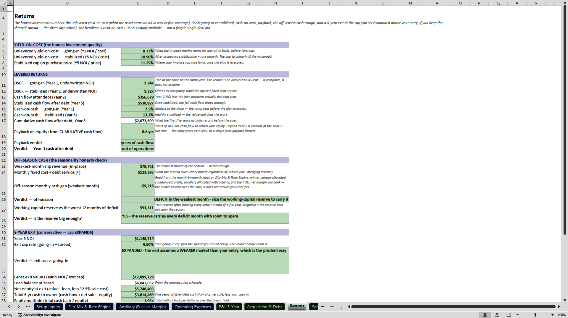 Marina and Boat Storage Acquisition Underwriting Model (Excel template (XLSX)) Preview Image
