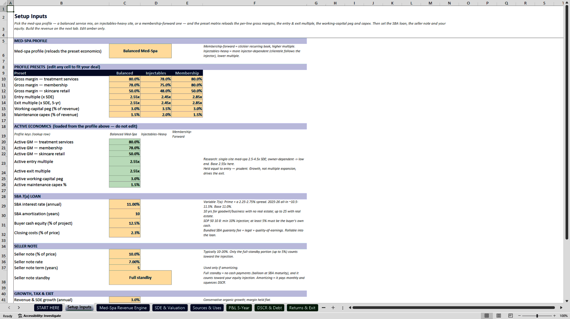 Med-Spa Acquisition and SBA Underwriting Model (Excel template (XLSX)) Preview Image