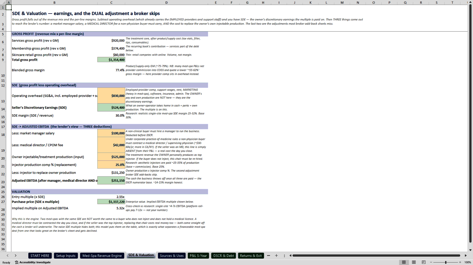 Med-Spa Acquisition and SBA Underwriting Model (Excel template (XLSX)) Preview Image