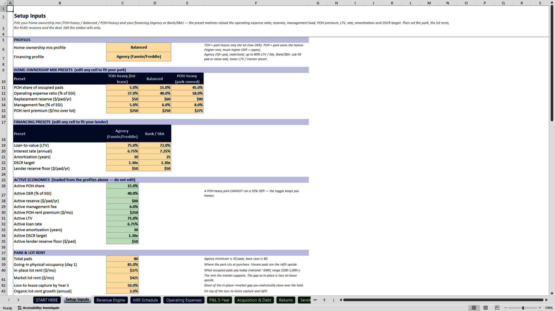 Mobile Home Park Acquisition and Underwriting Model (Excel template (XLSX)) Preview Image