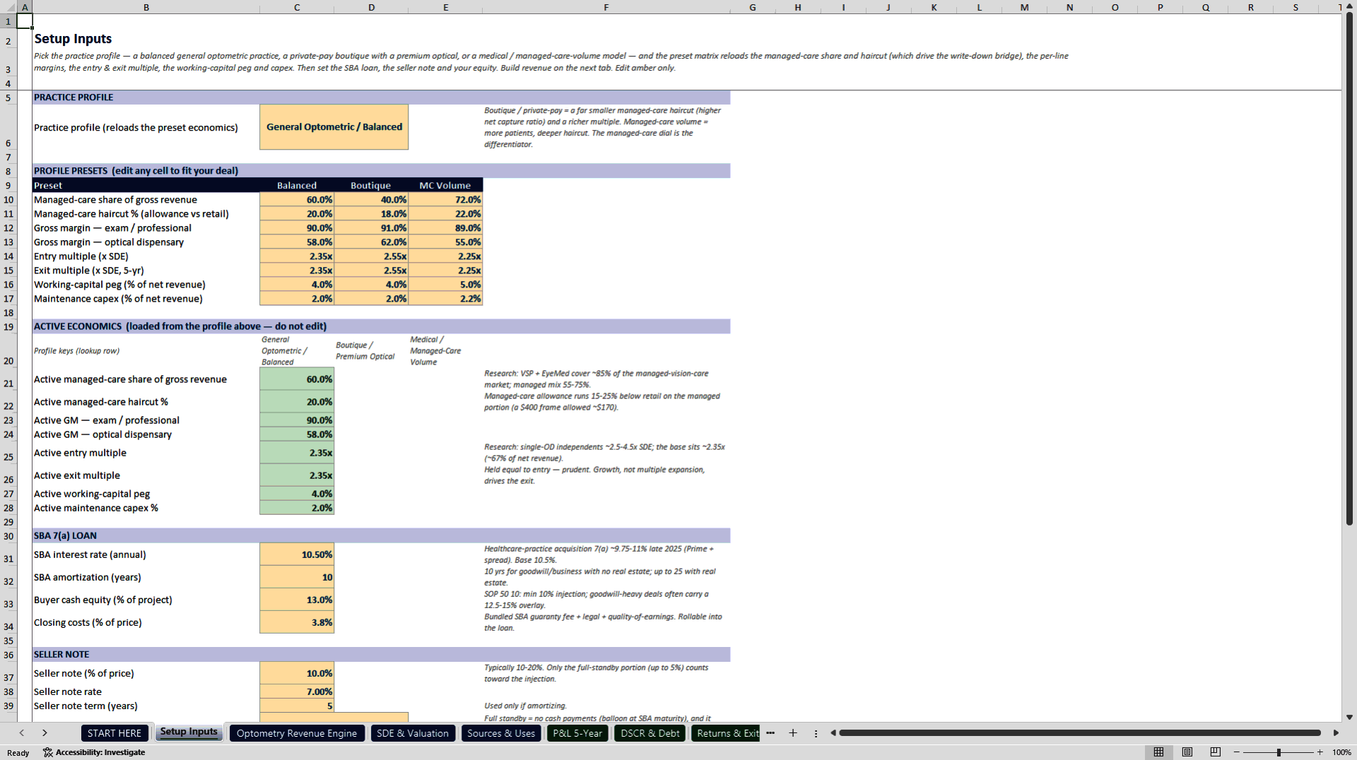 Optometry Practice Acquisition and SBA Underwriting Model (Excel template (XLSX)) Preview Image
