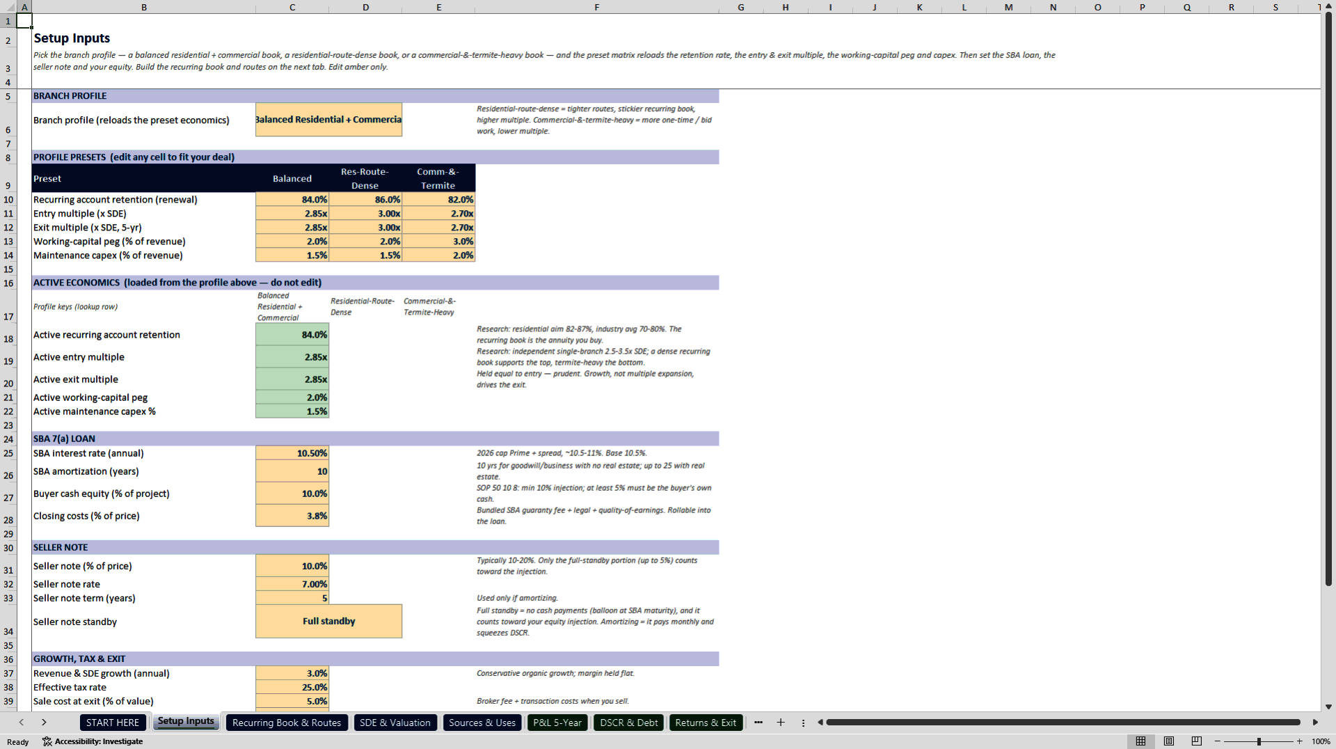 Pest Control Company Acquisition and SBA Underwriting Model (Excel template (XLSX)) Preview Image
