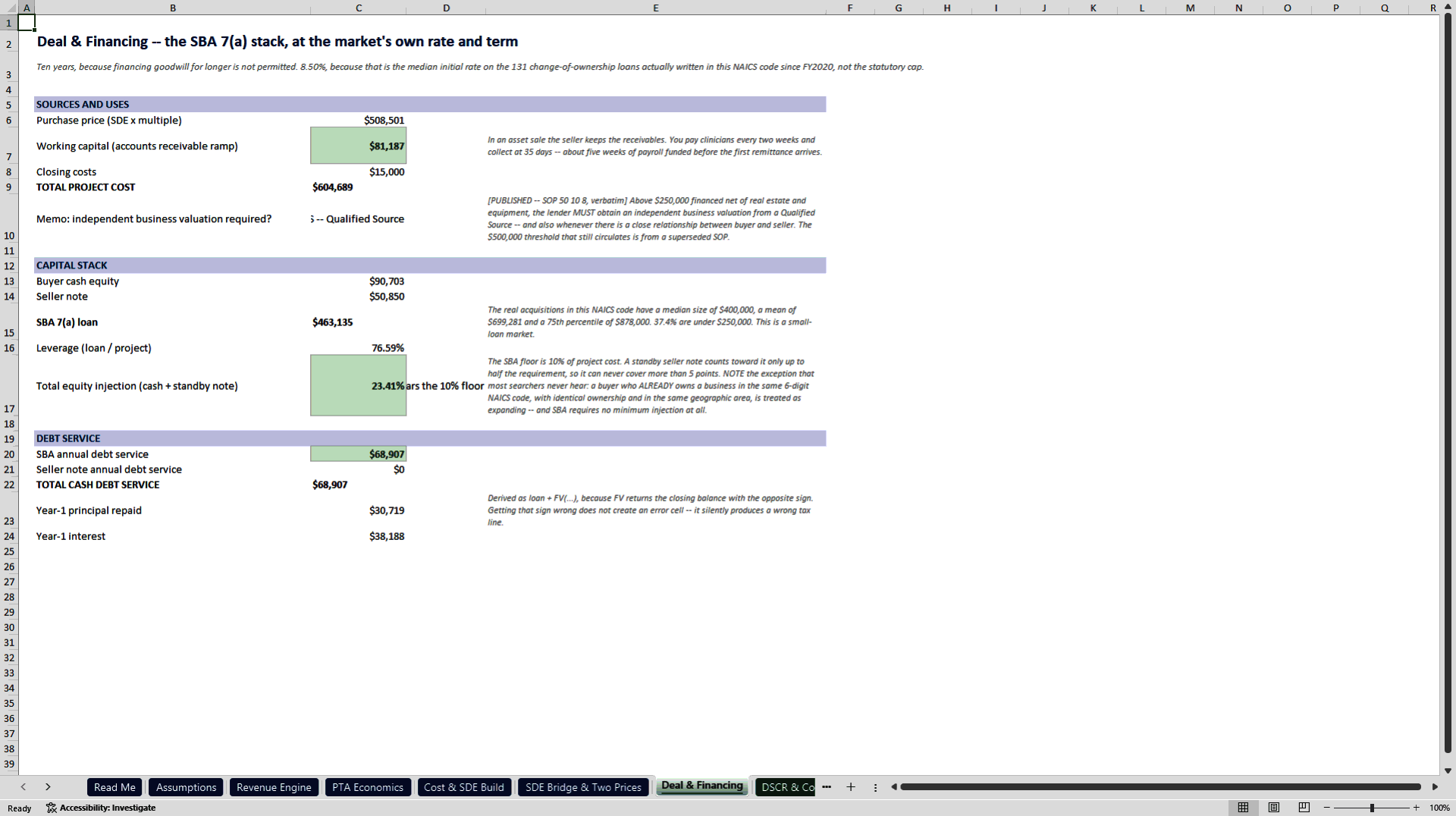 Physical Therapy Clinic Acquisition & Underwriting Model (Excel template (XLSX)) Preview Image
