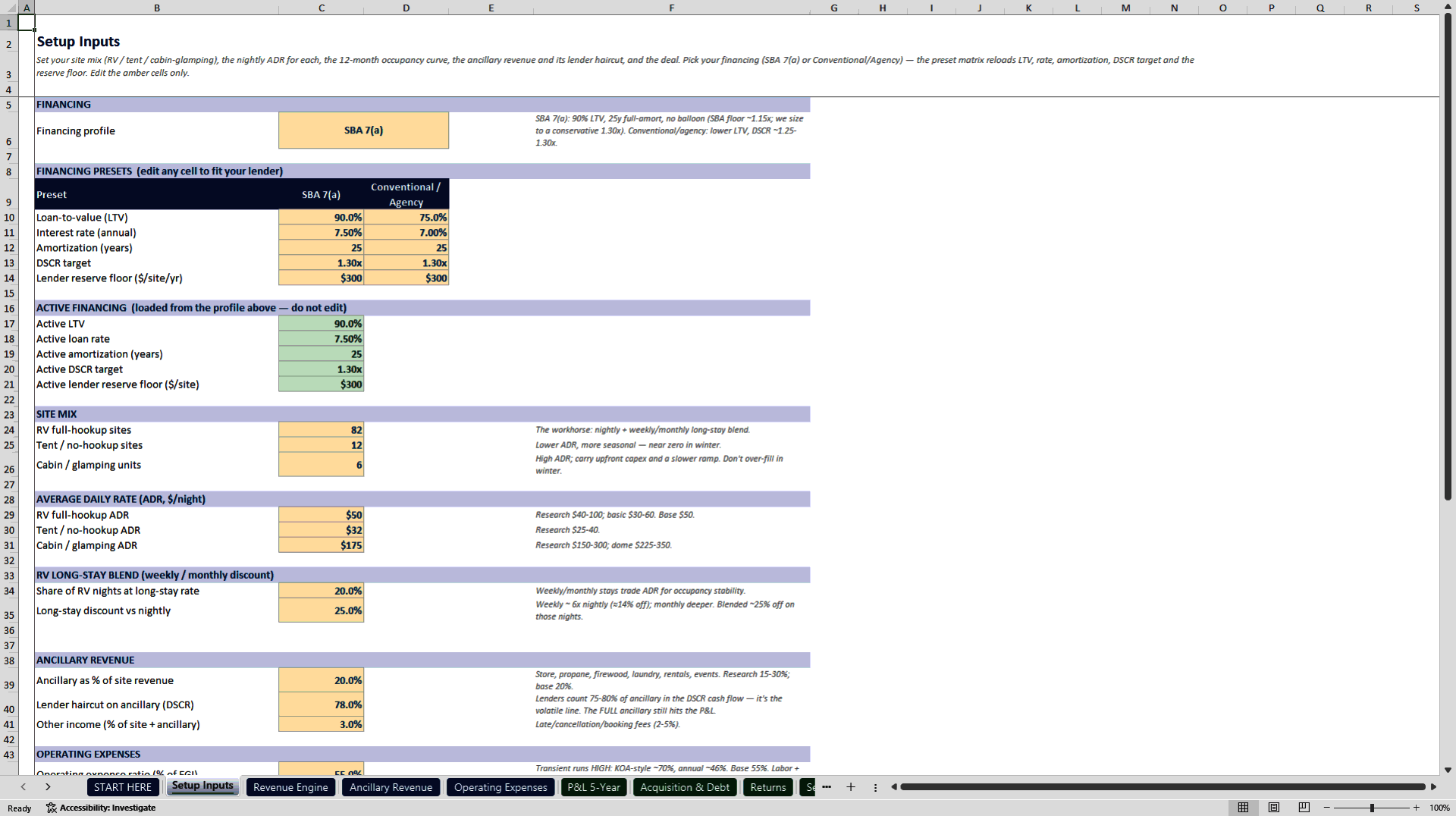 RV Park & Campground Acquisition Underwriting Model (Excel template (XLSX)) Preview Image