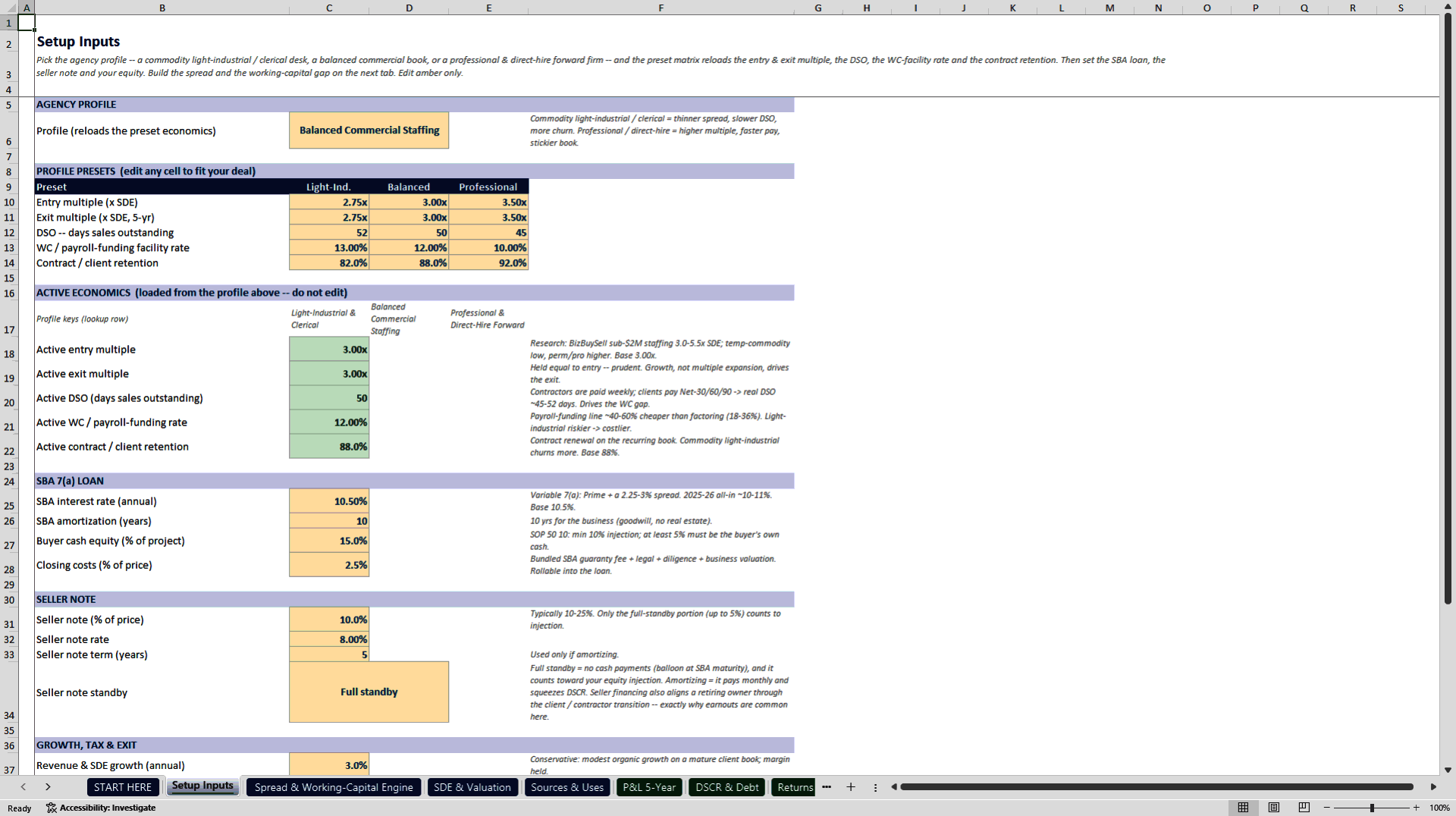Staffing Agency Acquisition & SBA Underwriting Model (Excel template (XLSX)) Preview Image