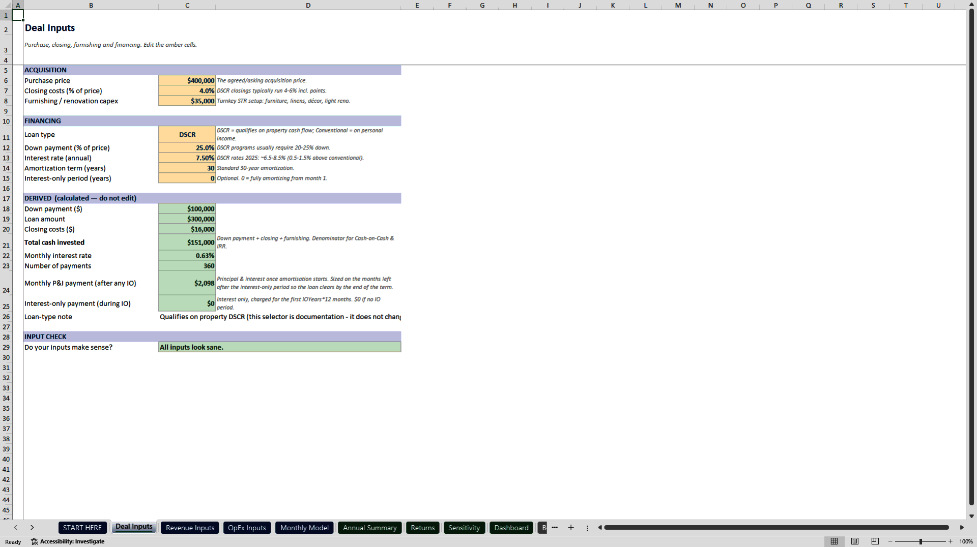 Airbnb & Short-Term Rental Acquisition Underwriting Model (Excel template (XLSX)) Preview Image