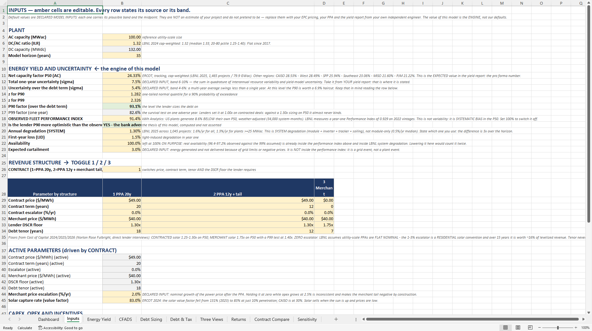 Utility-Scale Solar PV Debt Sizing & P50 Bias Model (Excel template (XLSX)) Preview Image