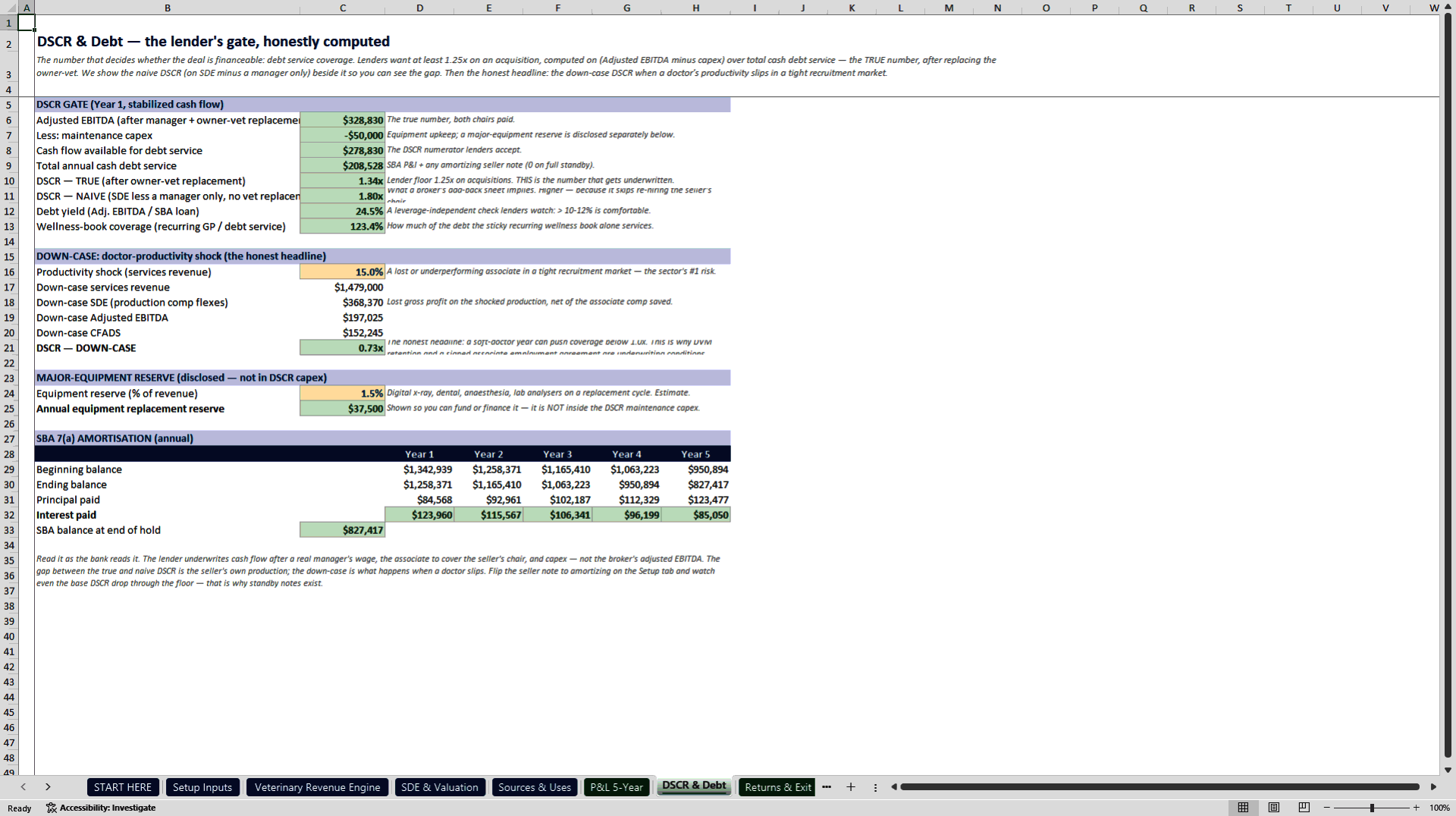 Veterinary Practice Acquisition & SBA Underwriting Model (Excel template (XLSX)) Preview Image
