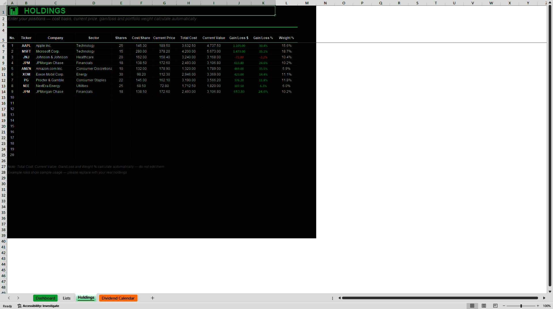 Stock Portfolio Tracker & Investment Dashboard (Excel template (XLSX)) Preview Image