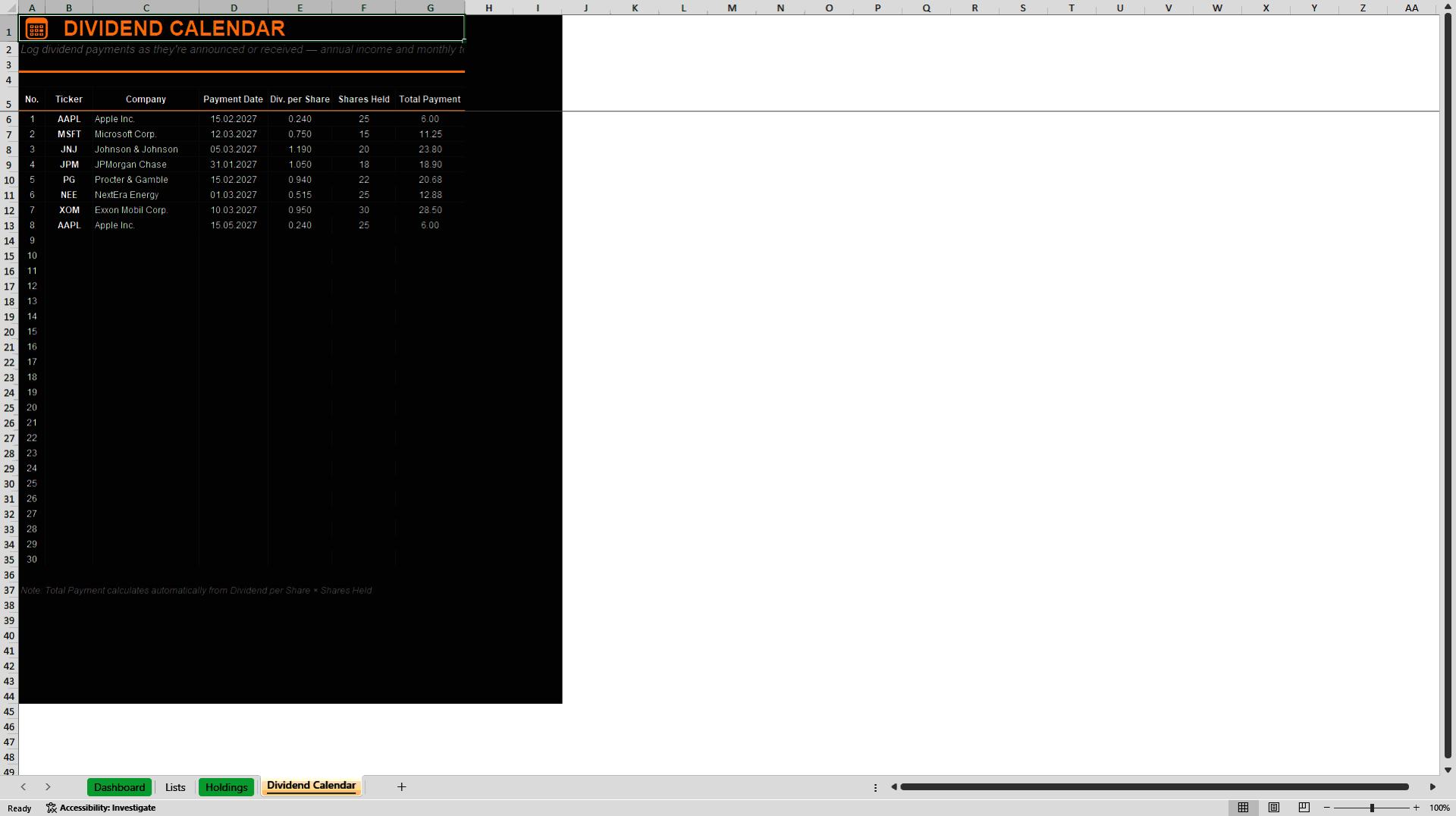 Stock Portfolio Tracker & Investment Dashboard (Excel template (XLSX)) Preview Image