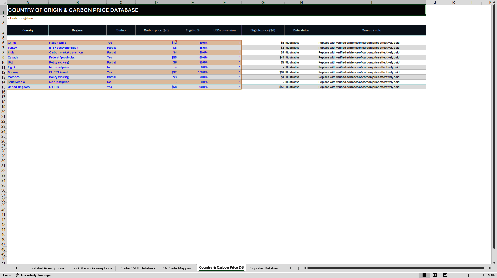 EU CBAM Importer Cost, Pricing, and Supplier Strategy (Excel template (XLSX)) Preview Image