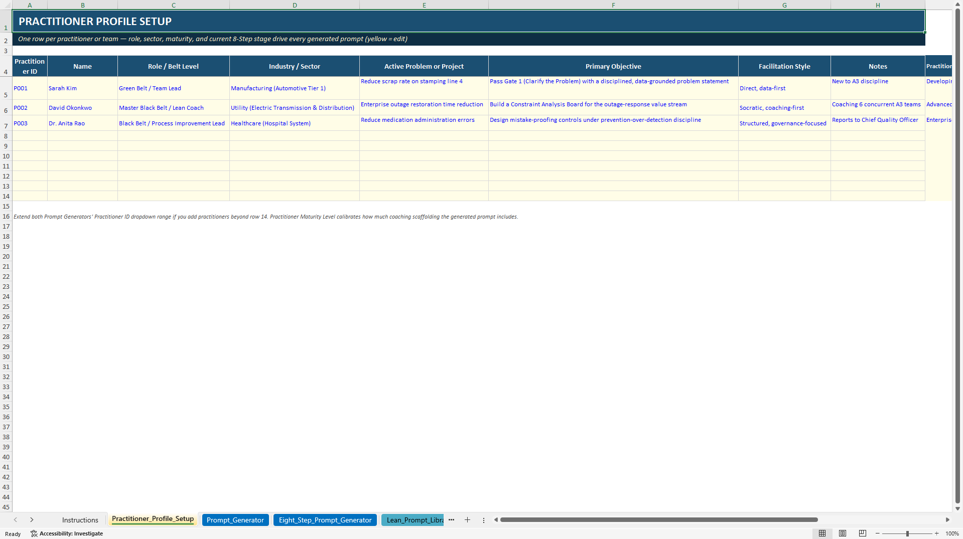 Agentic Lean Coach Prompt Portal (Excel template (XLSX)) Preview Image