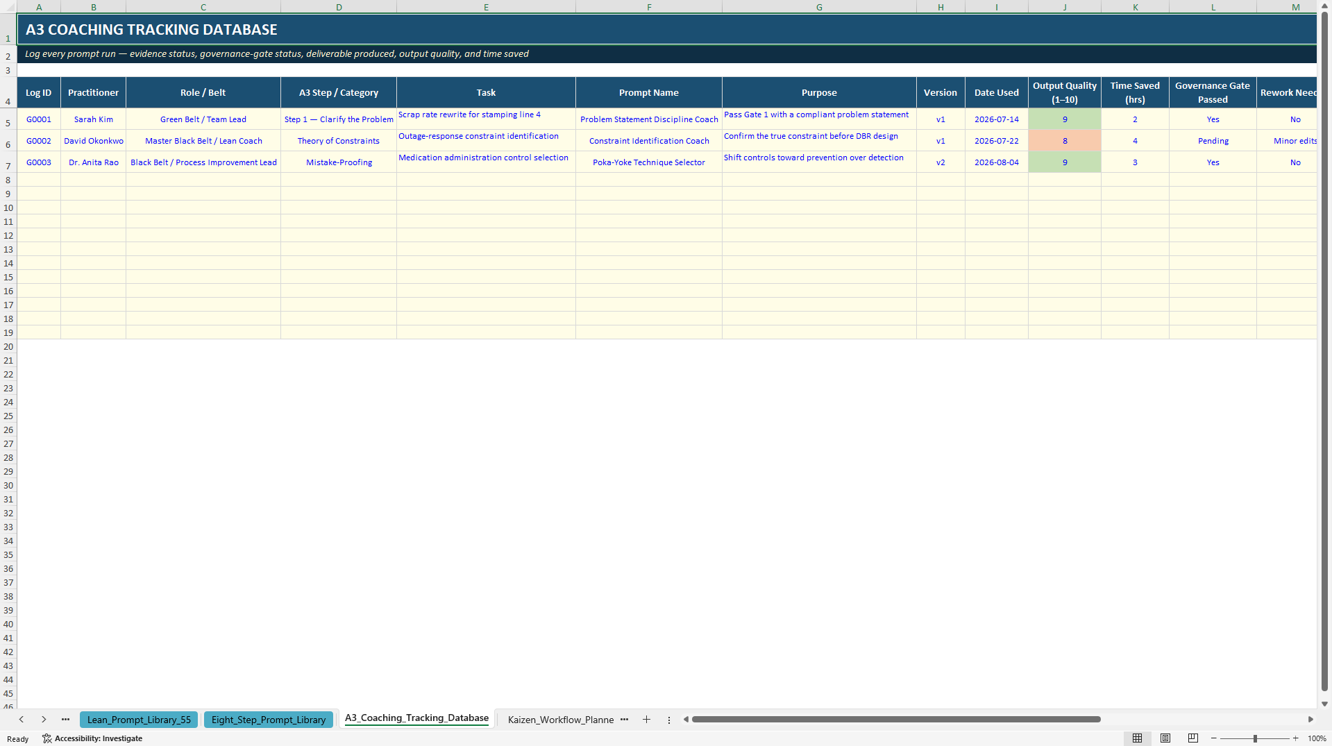 Agentic Lean Coach Prompt Portal (Excel template (XLSX)) Preview Image