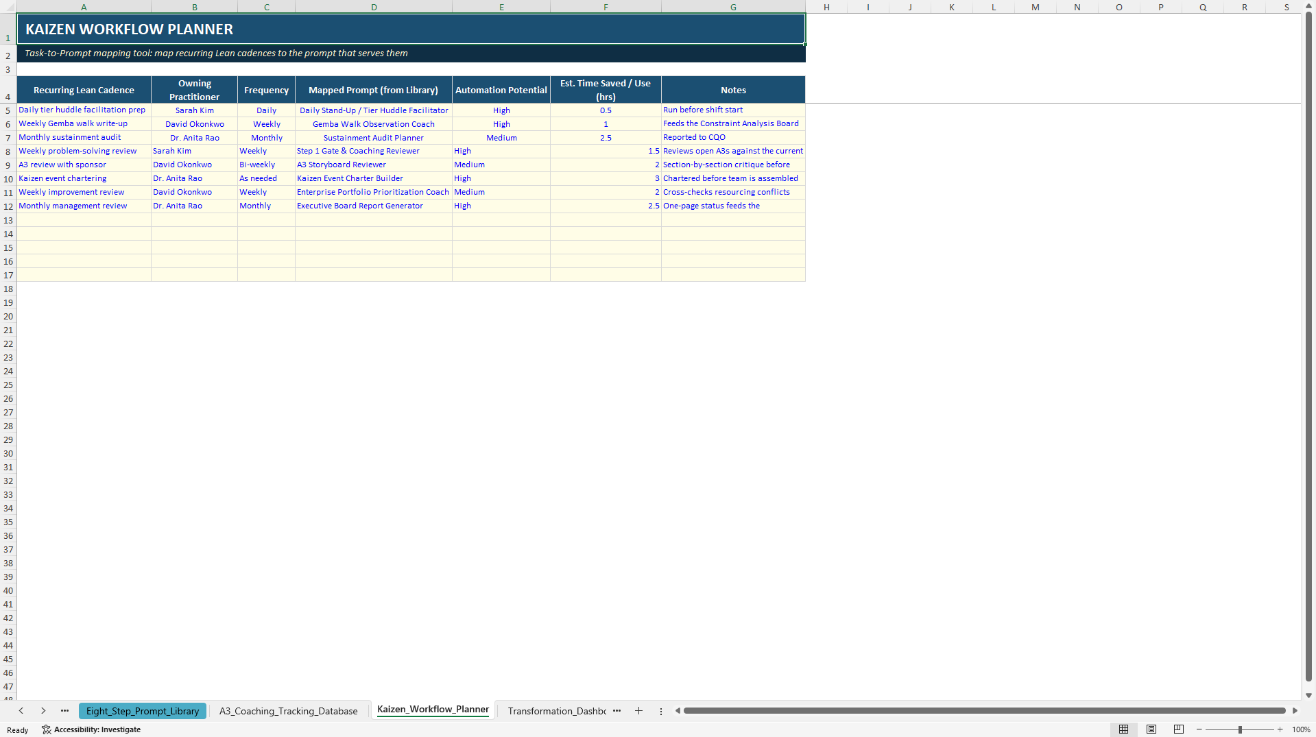 Agentic Lean Coach Prompt Portal (Excel template (XLSX)) Preview Image