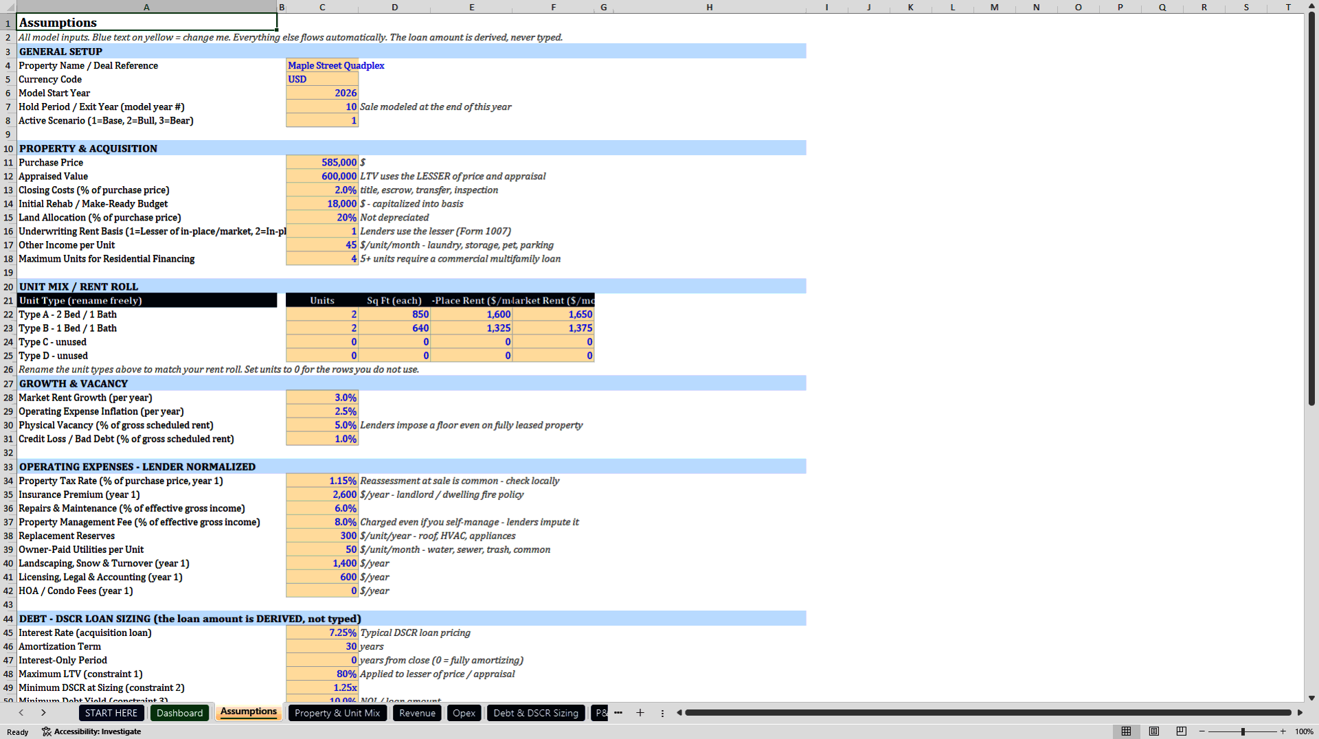 Rental Property DSCR Underwriting and Loan Sizing Model (Excel template (XLSX)) Preview Image