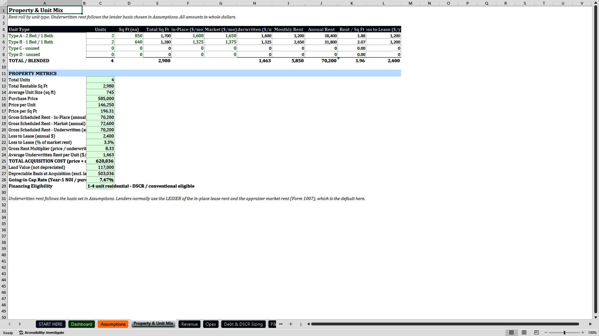 Rental Property DSCR Underwriting and Loan Sizing Model (Excel template (XLSX)) Preview Image