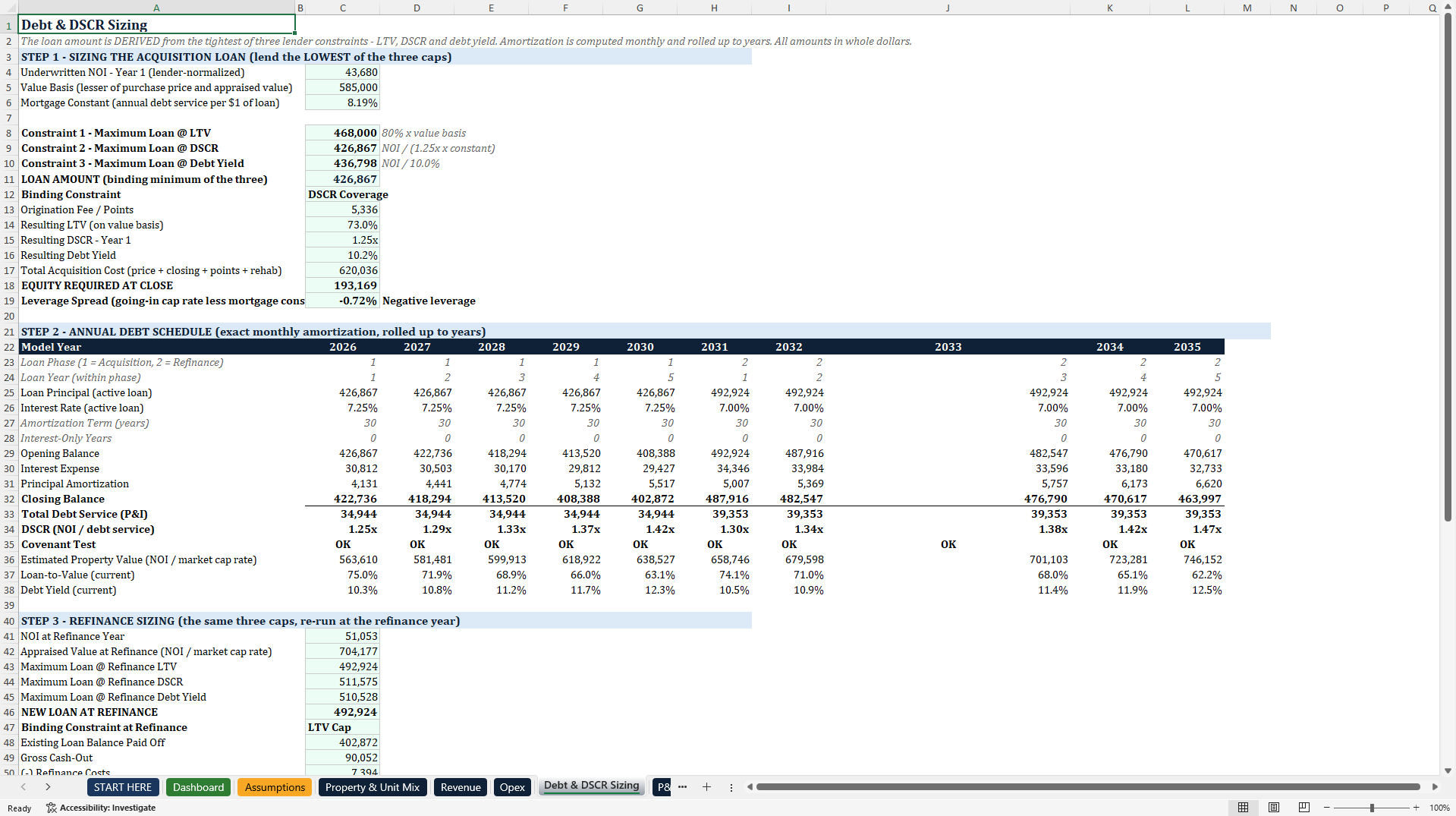 Rental Property DSCR Underwriting and Loan Sizing Model (Excel template (XLSX)) Preview Image